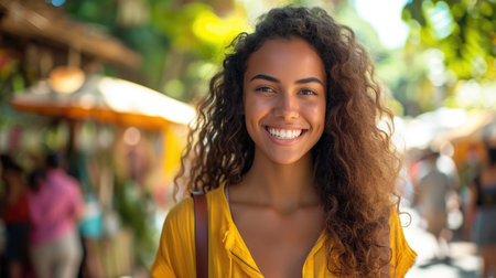 Youthful Woman with Sun-Kissed Glow in Outdoor Marketの素材