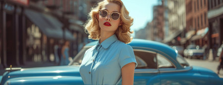Classic '50s Charm: Woman in Pastel Blue Dress with Vintage Carの素材