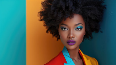 Regal Woman in Color-Blocked Blazer Against Blue and Teal Backgroundの素材