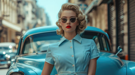 Classic '50s Charm: Woman in Pastel Blue Dress with Vintage Carの素材