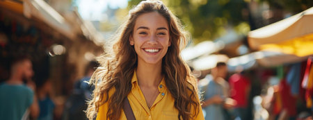 Youthful Woman with Sun-Kissed Glow in Outdoor Marketの素材