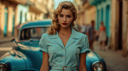 Classic '50s Charm: Woman in Pastel Blue Dress with Vintage Carの素材