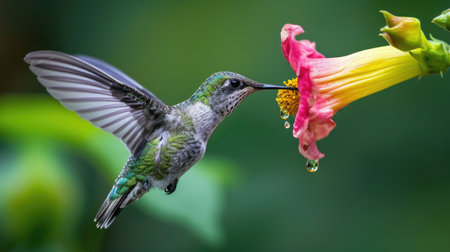 Close-Up of Hummingbird with Slender Beak Feeding from Vibrant Flowerの素材