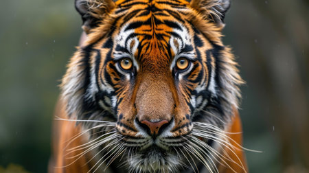 Piercing Amber Eyes of a Bengal Tiger Against a Blurred Backgroundの素材