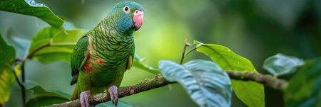 Blue-Naped Parrot with Emerald Feathers on Tree Branch in Rainforestの素材