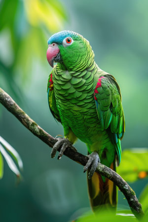 Keen-Eyed Blue-Naped Parrot on Slender Branch Amidst Verdant Foliageの素材