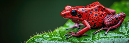 Glossy Red Poison-Dart Frog on Leaf Edge: Close-Up with Shadowy Green Backdropの素材