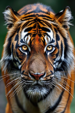 Piercing Amber Eyes of a Bengal Tiger Against a Blurred Backgroundの素材