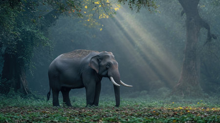 Asiatic Elephant in Misty Forest Clearing with Rays of Lightの素材