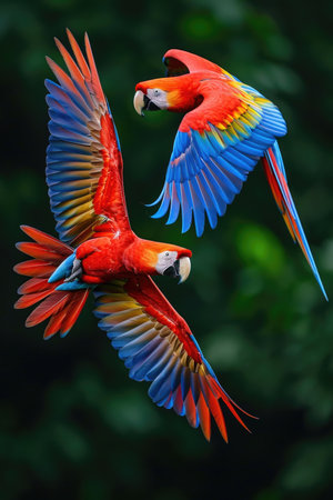 Two Scarlet Macaws Soaring, Wings Fully Extended in Colorful Displayの素材