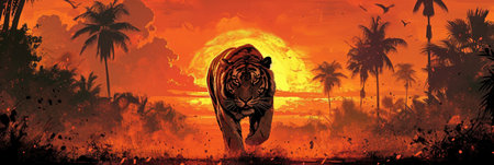 Essence of the Wild: A Majestic Tiger's Stride Against a Dreamlike Sunset, Palm Silhouettes Casting Shadows Over Its Rippling Muscles.の素材