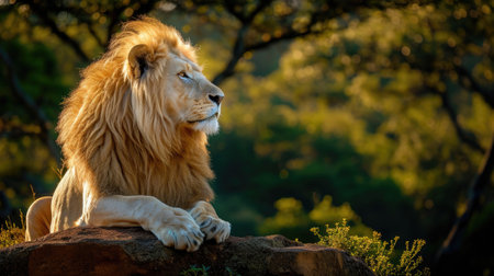 Regal White Lion in Masai Mara: Luxurious Cream Mane Under Sunlight, Majestically Perched on Jungle Outcrop.の素材
