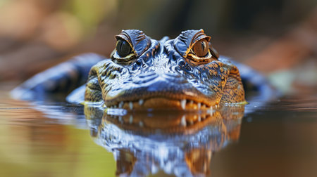 The Caiman's Silent Watch: Detailed View of Textured Skin and Eyes Above Water, With a Clear Reflection Amidst Softly Colored Habitat.の素材