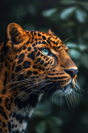 A Study in Wild Grace: Detailed Close-Up of a Javan Leopard, Golden Rosettes Shining, Set Against the Mysterious Depths of the Rainforest.の素材