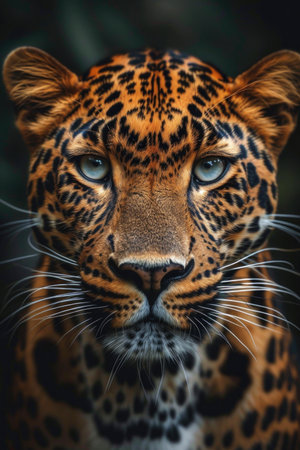 The Essence of Stealth: Close-Up Portrait of a Javan Leopard, Soulful Eyes and Rosetted Golden Coat in the Shadowy Underbrush.の素材