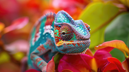 Chameleon's Gaze: A Striking Close-Up with Vibrant Skin Against a Colorful Floral Backdrop, Eye Locked with the Viewer.の素材