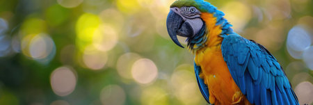 Vibrant Perch: A Macaw's Blue and Yellow Splendor, Detailed Beak and Eyes Against Soft-Focused Backdrop.の素材