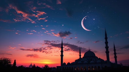Mosque Silhouette Under a Crescent Moonの素材