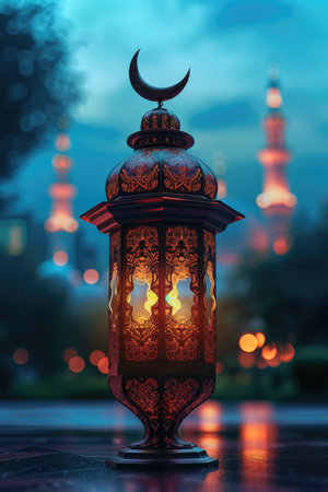 Ramadan lantern with sunset and city backgroundの素材