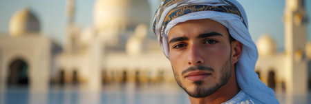 Young Muslim man in a traditional white headdressの素材