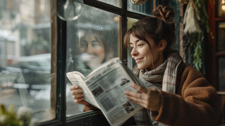 happy woman looking at a window reading the newspapers, in the style of weathercore, serene facesの素材