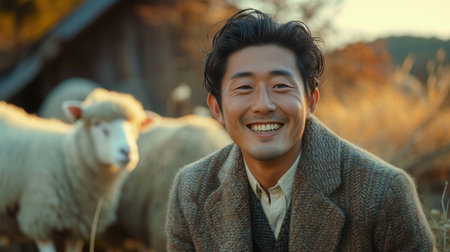 Asian man smiling with sheep in the background, in the style of farm security administration aestheticsの素材