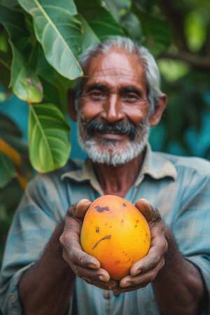 a man holding up a mango with his hands on it, in the style of joyfulの素材
