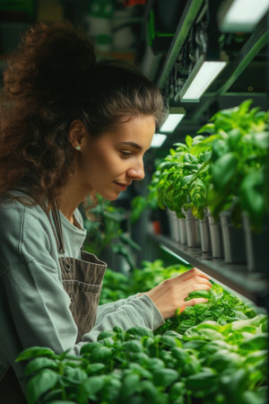 a young woman is growing fresh basil in an indoor farmの素材