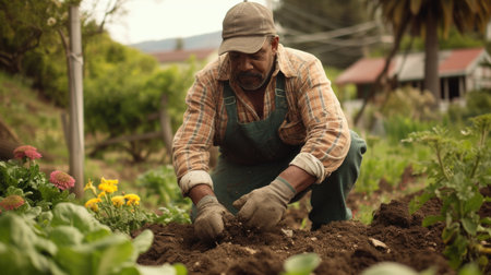 man working in soil in garden, in the style of light brown and green, nature-inspiredの素材
