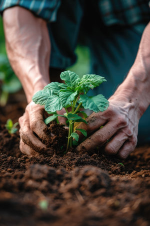 a man is planting plants in the dirt, in the style of light brown and green, soft edges and blurred detailsの素材