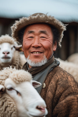 a man smiling standing next to his sheep at a farmの素材