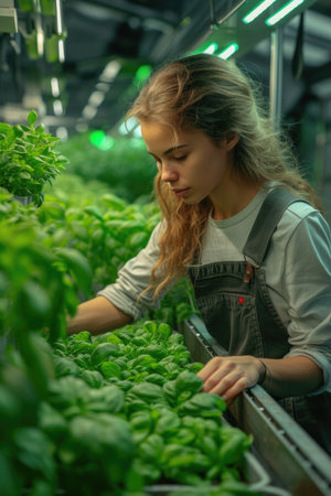 a young woman is growing fresh basil in an indoor farmの素材