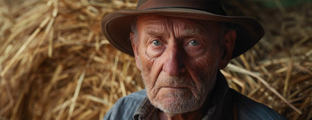 an old man in a hat standing in front of hay, in the style of flickering lightの素材