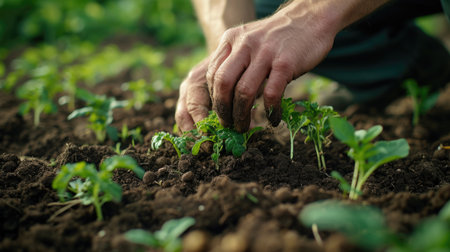 a man is planting plants in the dirt, in the style of light brown and green, soft edges and blurred detailsの素材