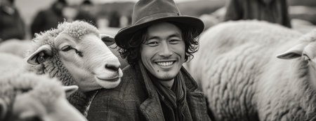 a man in hat smiling in front of sheep, in the style of Asian-inspiredの素材