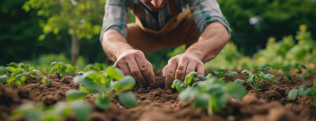 man working in soil in garden, in the style of light brown and green, nature-inspiredの素材