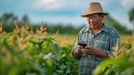 farmer using mobile phone in the field, in the style of precisionism influenceの素材