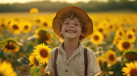 boy laughing in sunflower fieldsの素材