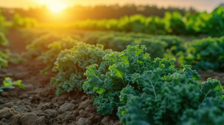 healthy food of kale plants in a field at sunriseの素材