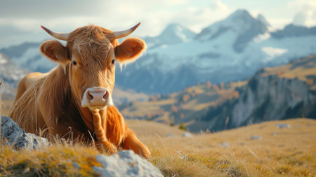 large cow sits on a hill next to mountains, in the style of Swiss styleの素材