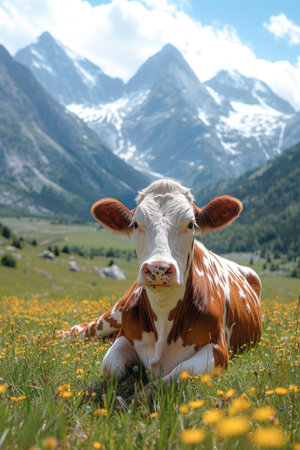 a cow resting in a pasture with mountains outside, in the style of tarragon, close-up shotsの素材
