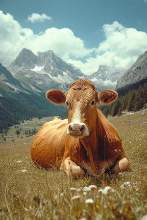 a cow resting in a pasture with mountains outside, in the style of tarragon, close-up shotsの素材