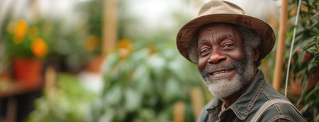 black farmer smiling while standing inside a greenhouse, in the style of social media portraiture, close-up shotsの素材