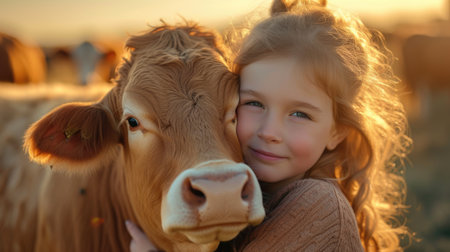little girl with milky cow at the farm, in the style of youthful energyの素材
