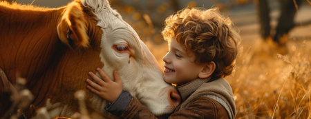 the image shows a young boy smiling at a cow while she drinks milkの素材
