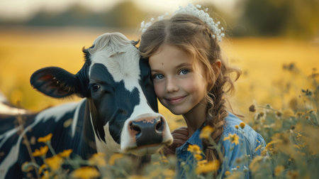 little girl with cow having fun at the farm, in the style of precisionism influenceの素材