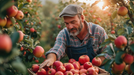 a farmer in the field picking apples, in the style of light red and amberの素材