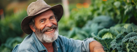 Joyful Gardener: A Man Smiles Among Eco-Architecture's Verdant Vegetable Rows.の素材