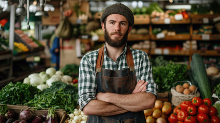 young farmer standing in a vegetable, in the style of depictions of labor, working-class empathyの素材