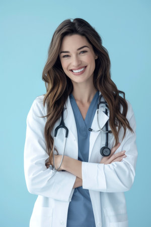Welcoming Medical Expertise: Cheerful Female Doctor in Smart Attire Against Light Blue, Symbolizing Approachability and Skill.の素材